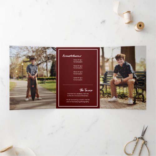 Maroon Edgy Abstract Torn Photo Graduation Tri_Fold Invitation