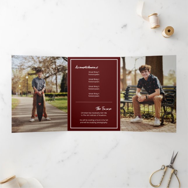 Maroon Edgy Abstract Torn Photo Graduation Tri-Fold Invitation (Inside)
