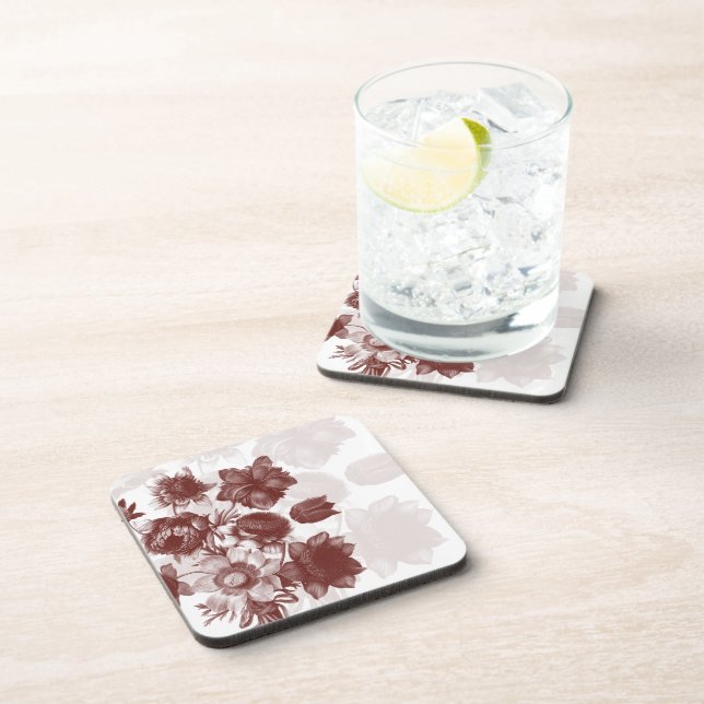 Maroon Elegant Flower Bouquet Cork Coasters (Right Side)