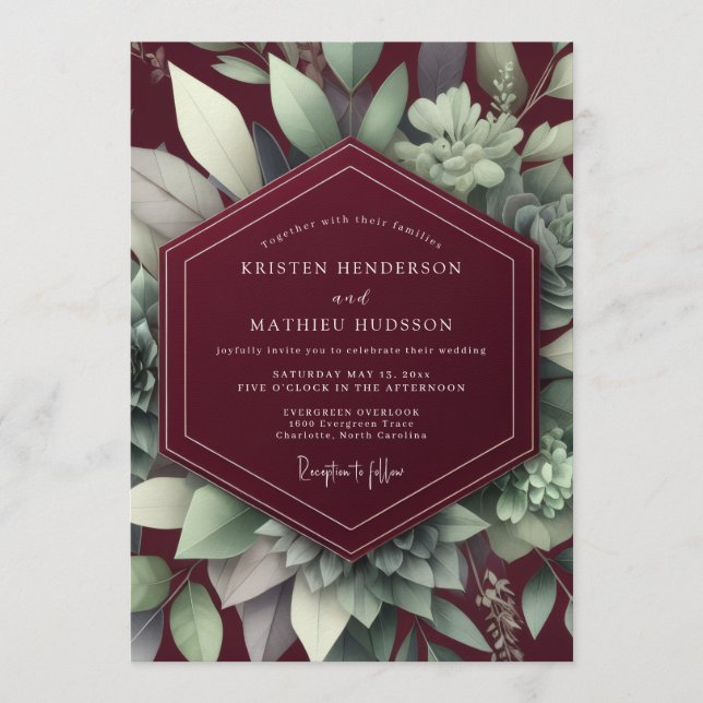 Maroon Elegant Succulent Wedding Invitation (Front)
