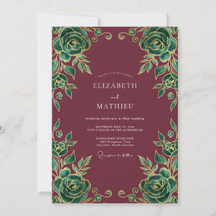 Maroon Emerald Rose Wedding Invitation