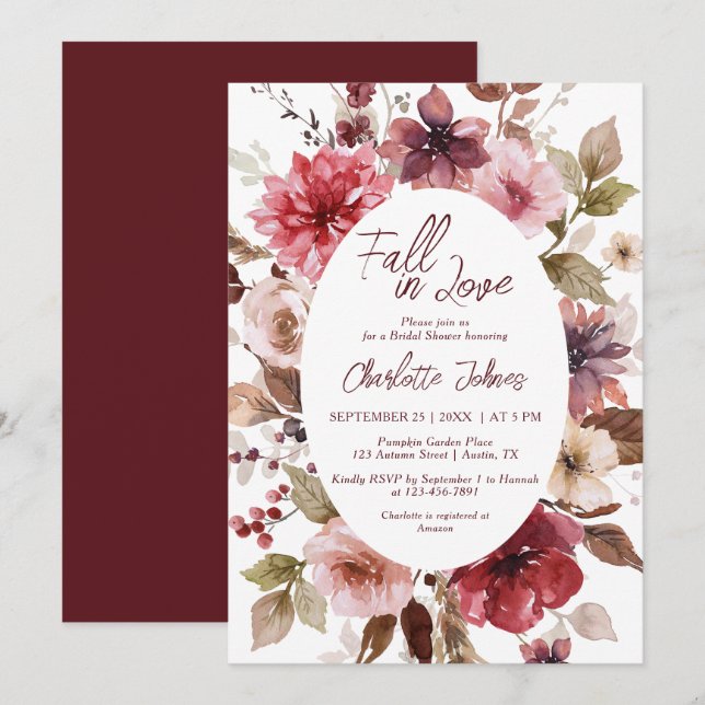 Maroon Fall in Love Blush Burgundy Bridal Shower Invitation (Front/Back)