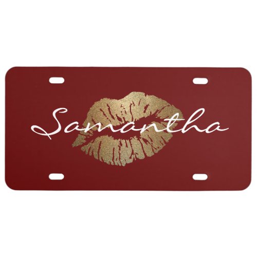 Maroon Faux Glitter Gold Kisses License Plate