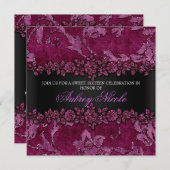 Maroon Faux Glitter & Velvet Floral Sweet Sixteen Invitation (Front/Back)