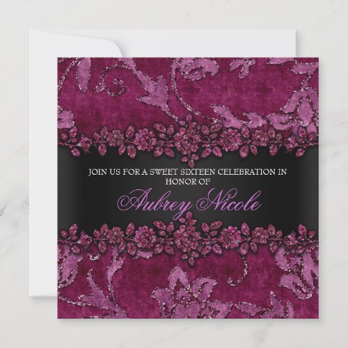 Maroon Faux Glitter &amp; Velvet Floral Sweet Sixteen Personalized Invite