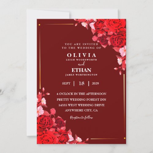 maroon floral and leaves Elegant wedding card