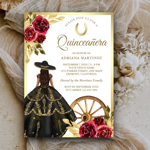 Maroon Floral Black Dress Charro Gold Quinceanera Invitation