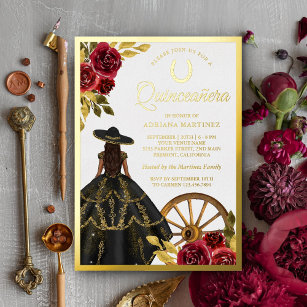 Maroon Floral Black Dress Charro Quinceanera Gold Foil Invitation