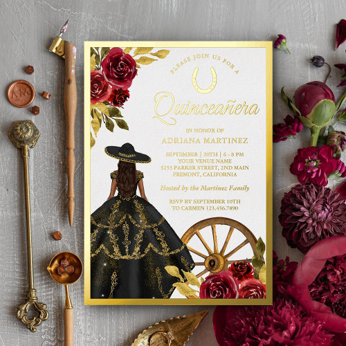 Maroon Floral Black Dress Charro Quinceanera Gold