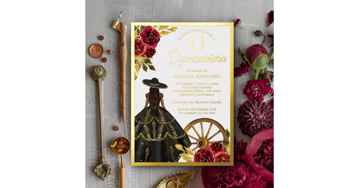 Cabernet Gold Foil Floral Quinceanera Invitation