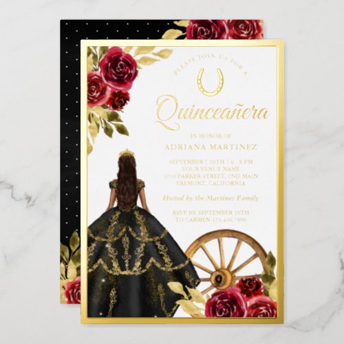 Maroon Floral Black Dress Tiara Quinceanera Gold Foil Invitation