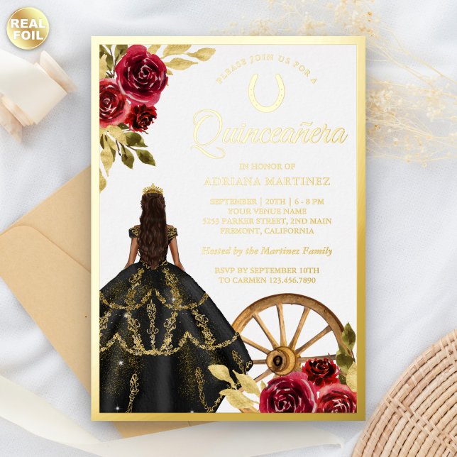 Maroon Floral Black Dress Tiara Quinceanera Gold Foil Invitation (Creator Uploaded)