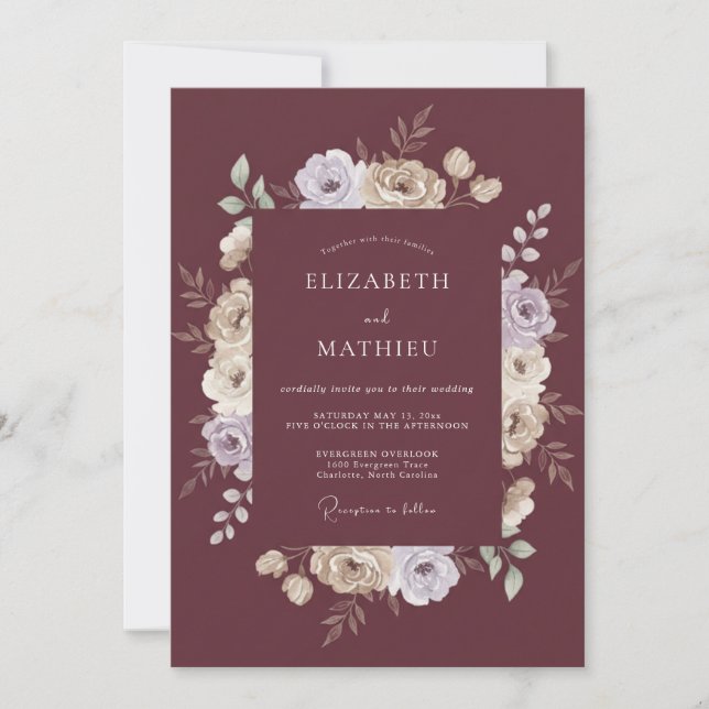 Maroon Floral Brushstroke Wedding Invitation (Front)