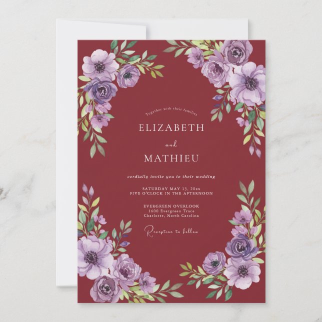 Maroon Floral Flourish Wedding Invitation (Front)
