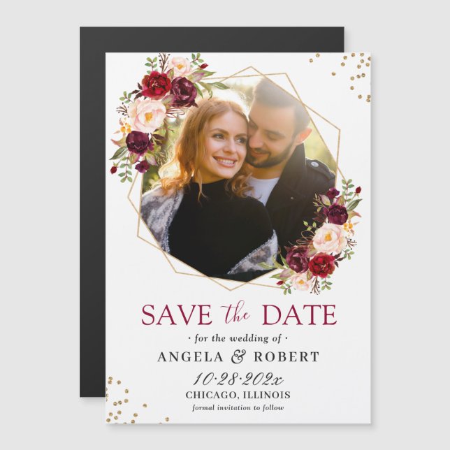 Maroon Floral Geometric Photo Save the Date Magnet (Front/Back)