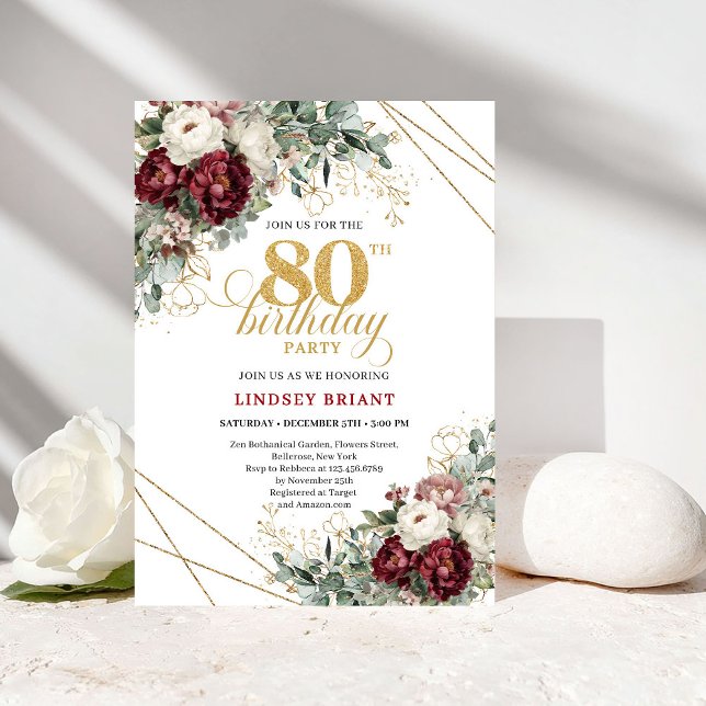Maroon Floral Greenery Gold 80th Birthday Invitation (Maroon Floral Greenery Gold 80th Birthday)