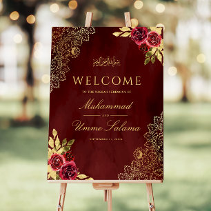Maroon Floral Lace Muslim Wedding Welcome Sign