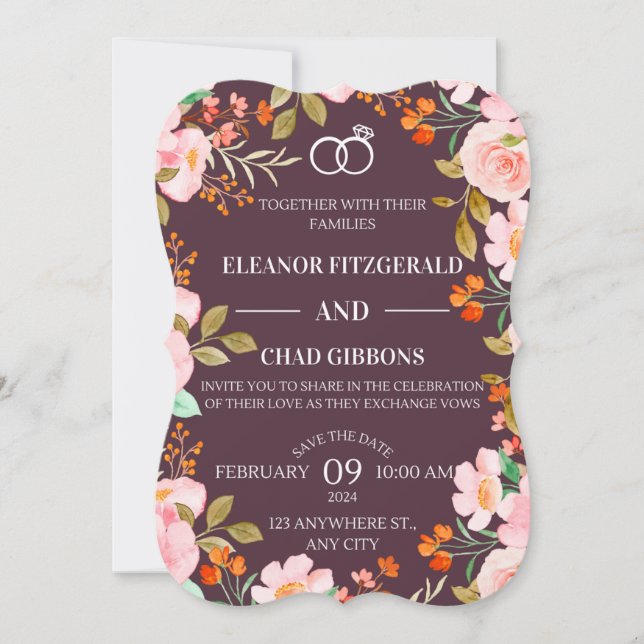 Maroon Floral Wedding Invitation (Front)