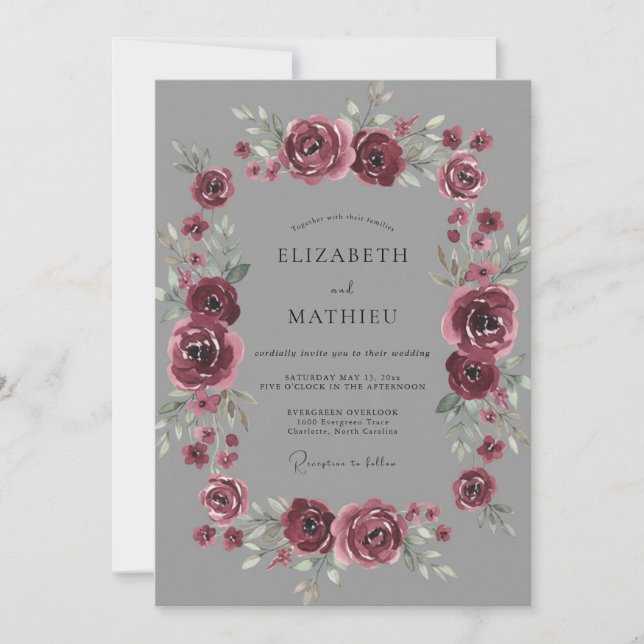 Maroon Floral Whimsy Wedding Invitation (Front)