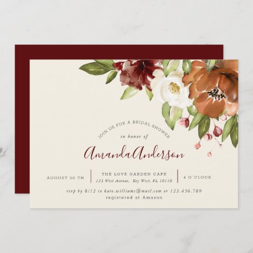 Maroon Flowers Autumn Ivory Bridal Shower Invite