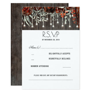 Maroon Flowers Rustic String Lights Wedding RSVP Card