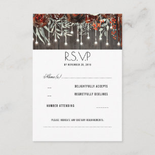Maroon Flowers Rustic String Lights Wedding RSVP Card