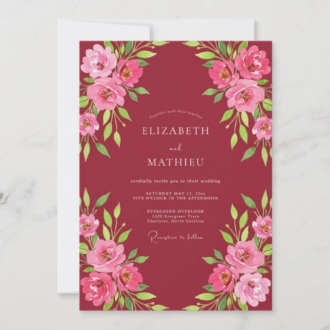 Maroon Fuchsia Rose Wedding Invitation (Front)