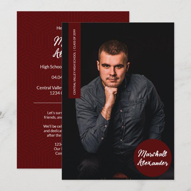 Maroon Geometric Graduation Photo Invitation (Front/Back)