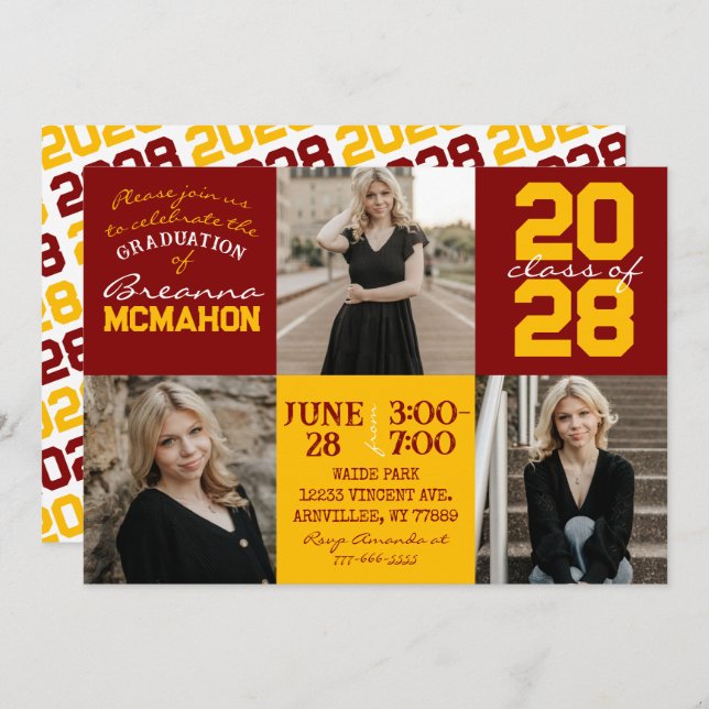 Maroon & Gold 3 Photo Graduation Invitation (Front/Back)