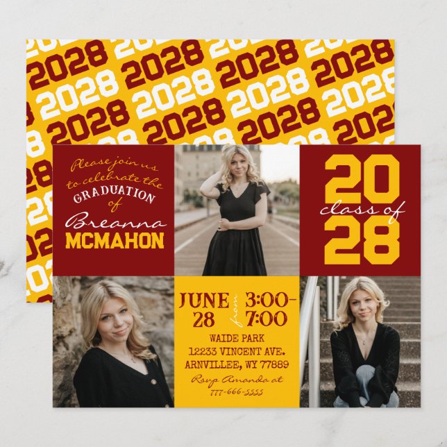 Maroon & Gold 3 Photo Graduation Invitation (Front/Back)