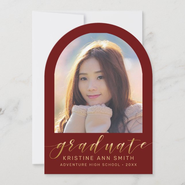 Maroon Gold Arch 2 Photo Graduation Announcement (Front)