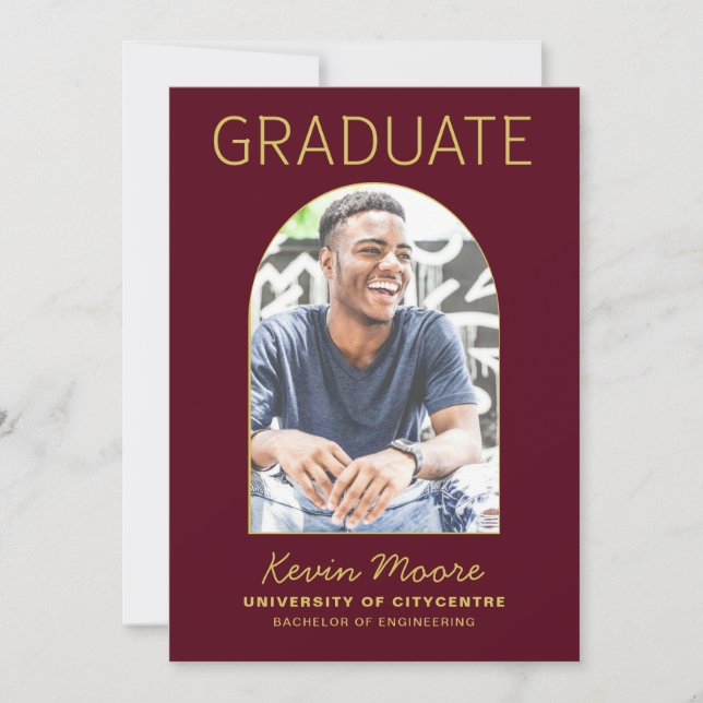 Maroon Gold Arch Photo Graduation Invitation (Front)