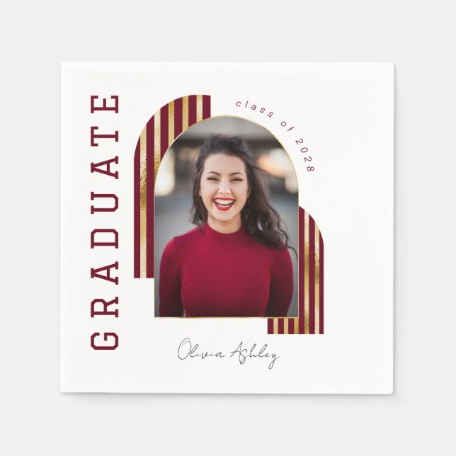 Maroon Gold Arch Photo Graduation Napkins (Front)