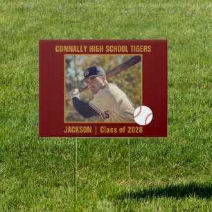 Maroon Gold Baseball Player Photo League Yard Sign