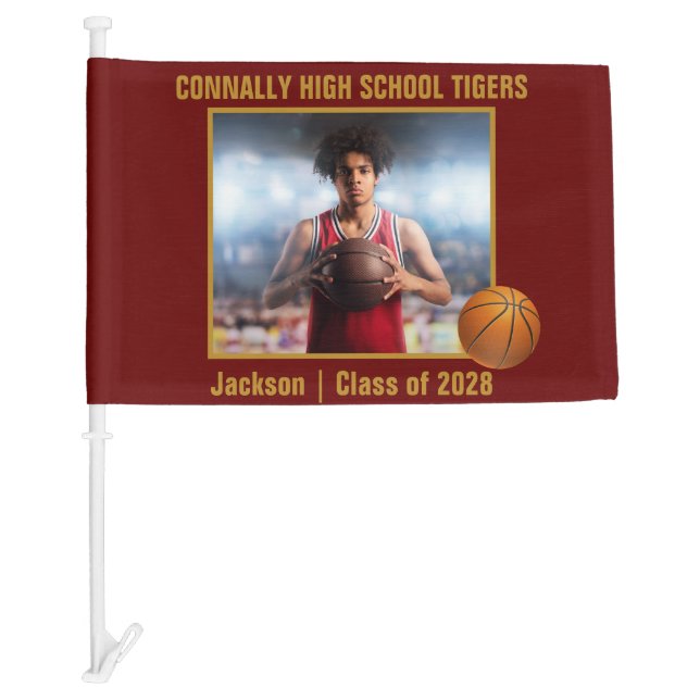 Maroon Gold Basketball Player Photo Car Flag (Front)