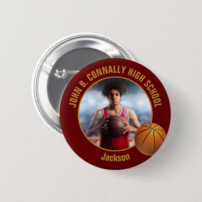 Maroon Gold Basketball Player Photo High School Button (Front & Back)