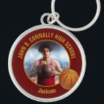 Maroon Gold Basketball Player Photo Keychain<br><div class="desc">This cool customized high school basketball player photo gift features gold typography of your team and player name on a maroon keychain with a ball. Personalize with your student's photograph and class year as a proud sports parent. A great present for mom and dad.</div>