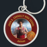 Maroon Gold Basketball Player Photo Keychain<br><div class="desc">This cool customized high school basketball player photo gift features gold typography of your team and player name on a maroon keychain with a ball. Personalize with your student's photograph and class year as a proud sports parent. A great present for mom and dad.</div>