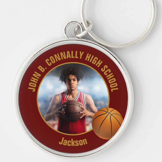 Maroon Gold Basketball Player Photo Keychain (Front)