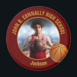 Maroon Gold Basketball Player Photo Magnet<br><div class="desc">This cool customized high school basketball player photo gift features gold typography of your team and player name on a maroon magnet with a ball. Personalize with your student's photograph and class year as a proud sports parent.</div>