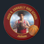 Maroon Gold Basketball Player Photo Magnet<br><div class="desc">This cool customized high school basketball player photo gift features gold typography of your team and player name on a maroon magnet with a ball. Personalize with your student's photograph and class year as a proud sports parent.</div>