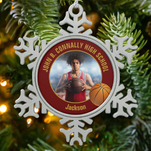 Maroon Gold Basketball Player Photo Snowflake Pewter Christmas Ornament