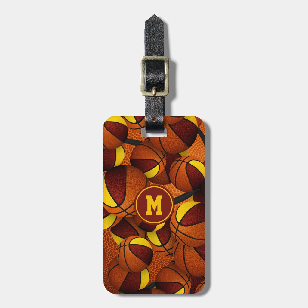 Maroon gold basketballs pattern team colors luggage tag