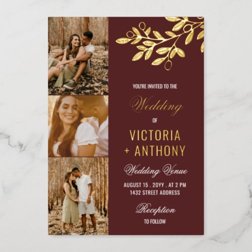 Maroon Gold Berry Twig 3 Photos Wedding Foil Invitation