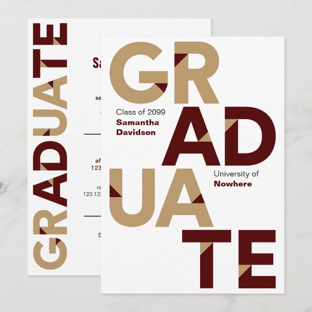 Maroon Gold Big Bold Angle-Cut Letters Graduation Invitation (Front/Back)