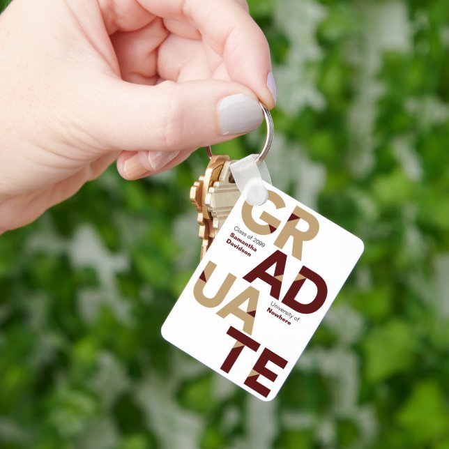 Maroon Gold Big Bold Angle-Cut Letters Graduation Keychain (Hand)