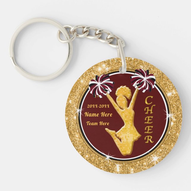 Maroon, Gold, Black and White Cheer Gift Ideas Keychain (Front)