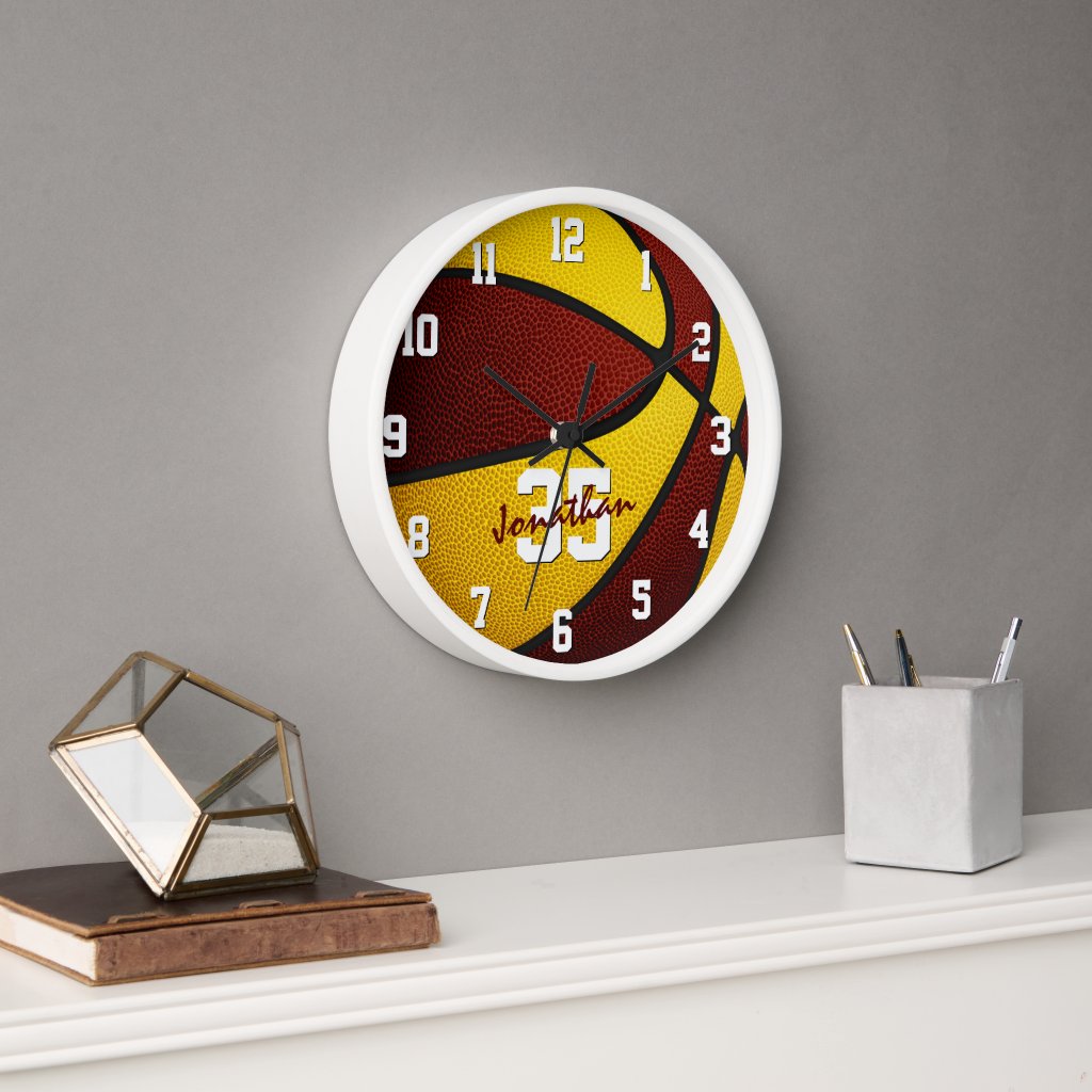 maroon gold boys girls basketball personalized round clock