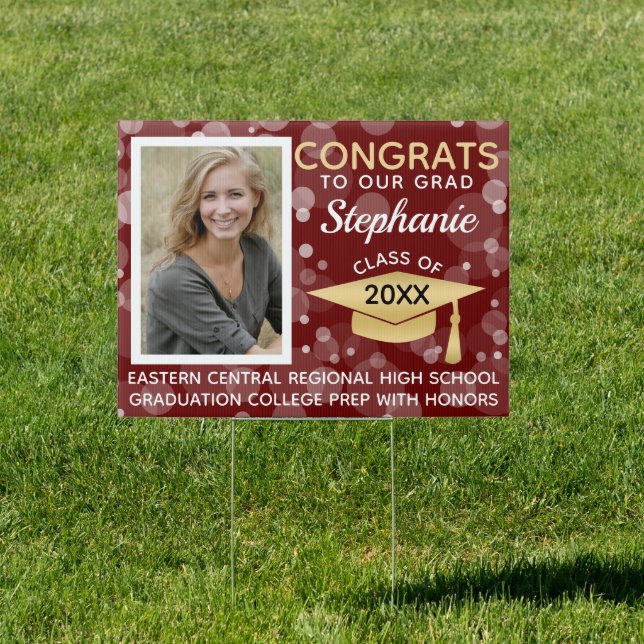 Maroon/Gold Bubbles Congrats Photo Graduation Sign (Insitu)