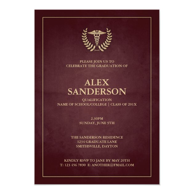 Maroon+Gold Caduceus Doctor Graduation Invitation